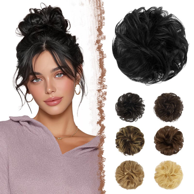 FESHFEN Human Messy Buns - 100% Human Hair Bun Real Scrunchies Hair Pieces Ponytail Extensions Wavy Tousled Updo Chignon Hairpieces for Women, Black - Image 1